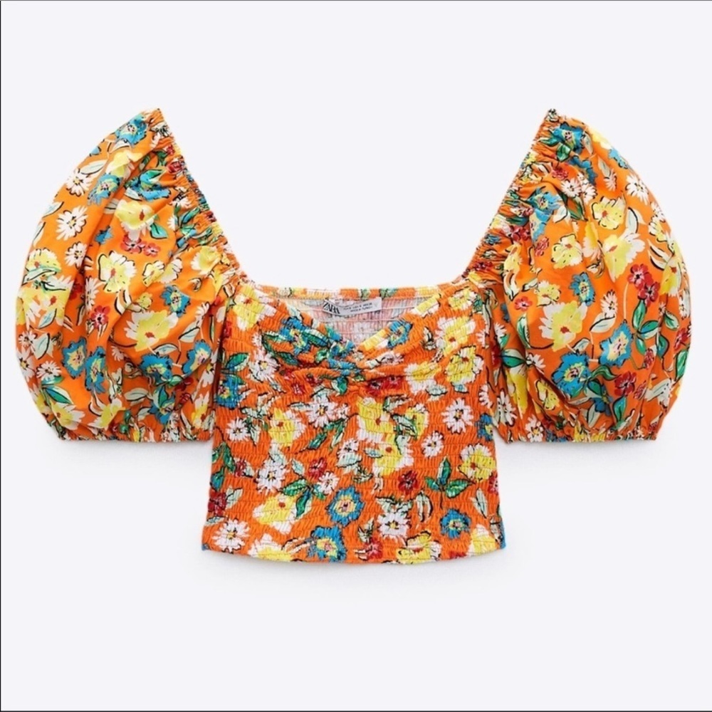 Zara | NWT ๐ Orange Floral Smocked Puff Sleeve Crop Top Medium - Picture 4 of 5